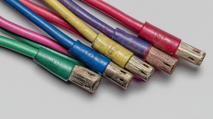 Colorful wires terminate into tarnished, silver-toned connectors on a pale, neutral background