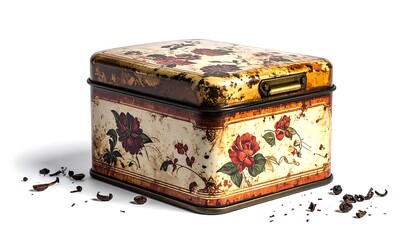 A rectangular vintage metal container decorated with floral patterns. Scattered brown fragments lie at the base of the decorative box on a white backdrop