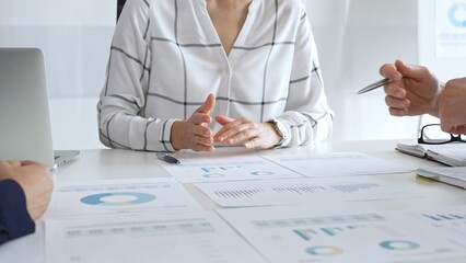 Business team meeting with financial documents and charts, discussing data analysis, planning strategies, and corporate success during collaborative teamwork session