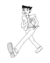 Cartoon man walking quickly with hand in pocke