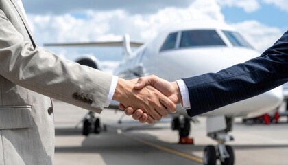 Business professionals shake hands in front of a private jet on an airport tarmac.