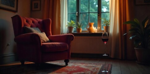 Peaceful Post-Drinking Relaxation Empty Wine Glass and Armchair in Dimly Lit Room