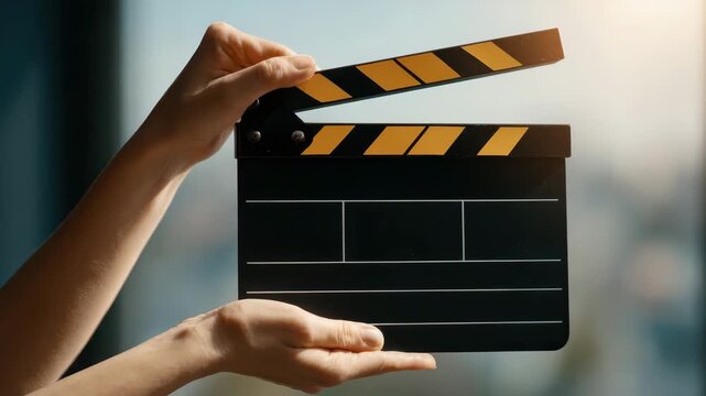 Morning light streams in as hands hold a clapperboard, marking the film project's start