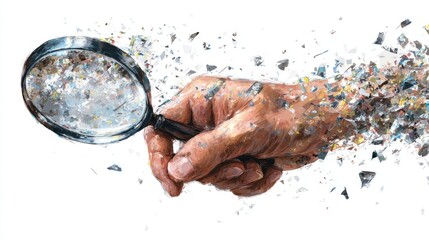 Creative digital art of human hand holding magnifying glass dissolving into particles, symbolizing research, discovery, analysis, investigation, and technology innovation.
