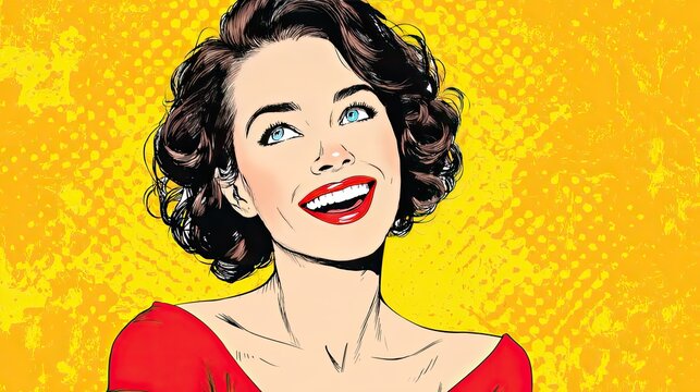 Smiling woman pop art portrait with bright red lips, retro comic style illustration, vibrant yellow background, cheerful expression, and vintage charm.