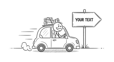 A cheerful stick figure drives a car packed with luggage on a road trip adventure with sign visible