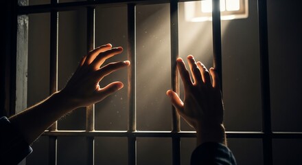 Hands reaching through prison bars with sunlight streaming in symbolizing hope and social justice