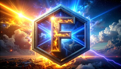 A glowing letter "F" within a silver hexagon against a cosmic backdrop of fire, electricity, and clouds over a distant horizon