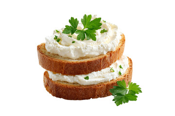 Stack of two cream cheese toasts with parsley isolated on transparent background