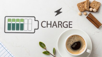 Top down flat lay of battery icon with charge text