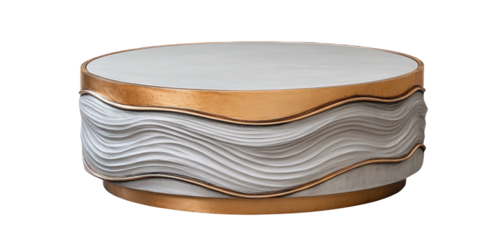 Round white table with wavy patterned base and gold trim detail
