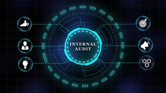 Internal Audit; Virtual Screen Display with Business, Technology, and Network Concept. Internet, business, Technology and network concept. Digital technology 4k video animation.