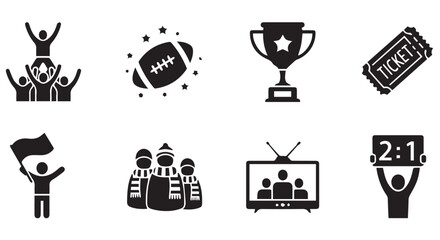 Collection of icons related to sports, games, and fan culture, isolated on transparent background