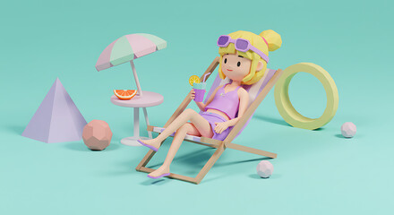 Cartoon Girl Relaxing on Beach Chair with Drink and Accessories.