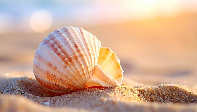 Seashell resting on sandy beach during golden hour sunset with warm sunlight and soft bokeh background