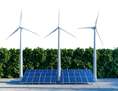Renewable Energy Scene with Wind Turbines and Solar Panels PNG