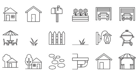 Collection of line art icons representing house and garden elements isolated on transparent background