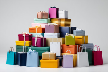 mountain of colorful gift boxes and shopping bags symbolizing discount season, minimal background,
