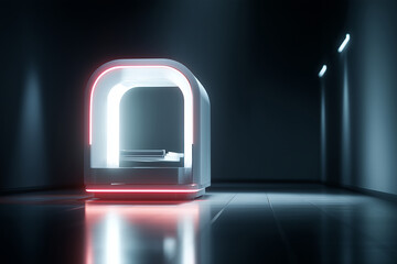 futuristic stylized x-ray scanner glowing in dark room, modern medical technology, 