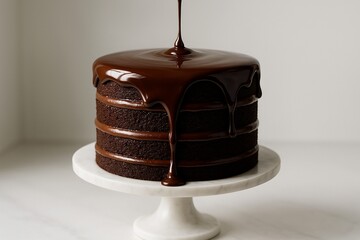 Chocolate Cake Delight: A layered chocolate cake is elegantly adorned with a rich, glossy chocolate ganache. The cake sits proudly on a pedestal, offering a tempting glimpse of decadent dessert.