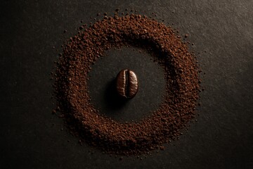 Coffee Bean and Ground: An artful composition of a single, rich coffee bean nestled amidst a swirling circle of finely ground coffee, evoking the aroma and warmth of a fresh brew.