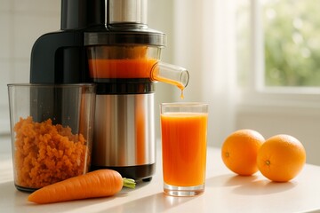 Juice Extravaganza: Freshly squeezed juice flowing from juicer, alongside ingredients, evoking a sense of healthy living and culinary freshness.