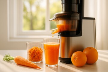 Fresh Juice Extraction: A modern juicer diligently extracts vibrant juice, with components of fruit and the final product
