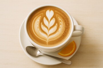 Latte Art Delight: A close-up shot captures the artistry of a perfectly poured latte, showcasing an intricate heart and flower pattern in the creamy foam, accompanied by an orange slice.