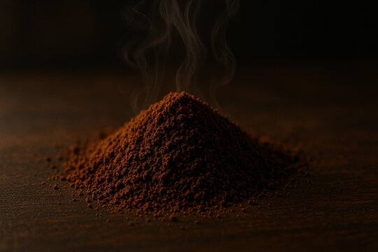 Warm Spice Aroma: A small mound of ground spice sits on a wooden surface, releasing wisps of fragrant steam, suggesting warmth and comfort.