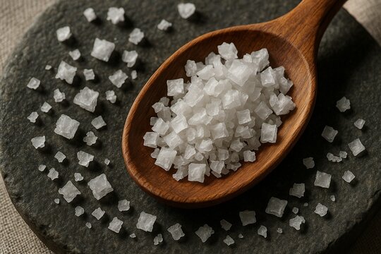 Salt Crystals on a Wooden Spoon: Coarse sea salt crystals are elegantly presented on a rustic wooden spoon atop a dark stone surface, creating a simple yet striking composition
