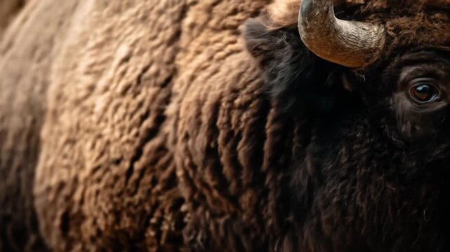 Close up of a european bison face looking to the side in sunlight