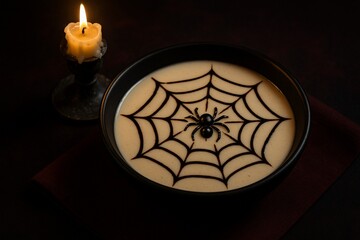 Halloween Feast: Spooky culinary creation, an enticing bowl of soup or bisque, adorned with a chocolate spider web, casting an eerie glow beside a flickering candle.