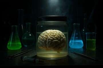 Brain in the Jar: Intricate laboratory glassware surround the brain submerged in fluid, lit in mysterious glow, evokes thoughts of science and innovation. 