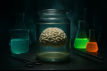 Brain in a Jar: A chilling, artistic composition reveals a preserved brain suspended within a glass jar, flanked by beakers containing luminous liquids.