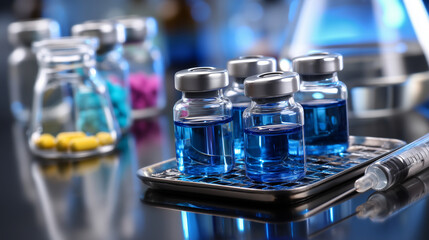 Pharmacy cold storage concept - organized medical vials, blue-tinted reflections, metallic and glass materials emphasizing precision, with copy space.