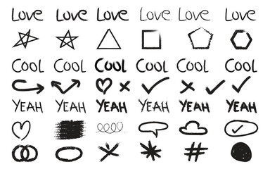 Collection of hand drawn doodle icons and symbols featuring words shapes arrows hearts and checkmarks