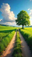Winding Country Road Journey Lush Green Fields, Ancient Trees, Summer Sky