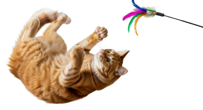 Playful ginger cat reaching for a feather toy isolated PNG with Transparent Background