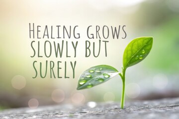 Green sprout of plant emerging with encouraging healing message