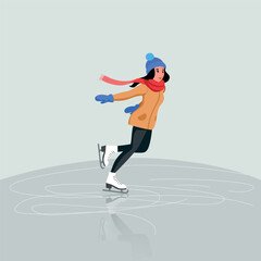 Vector illustration of a young girl elegantly ice skating on a frozen surface, showcasing grace and fluid movement with a smooth, artistic style