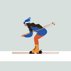 Vector illustration of a girl practicing skiing on snow-covered slopes, focusing on improving her technique and posture