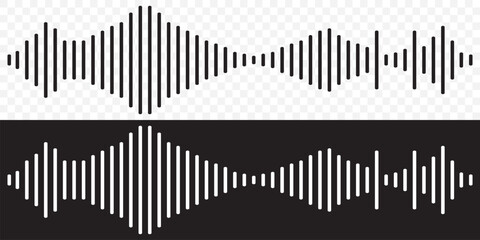 Podcast wave sound patterns with black bars for audio visualization or recording interfaces. Waveforms with varying frequencies and amplitudes. Minimalist design elements for music production software