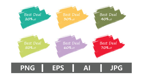Six colorful best deal discount labels with various percentages off on white background