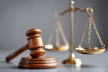 symbolic image of judges gavel and scales of justice with soft studio light, law concept, 