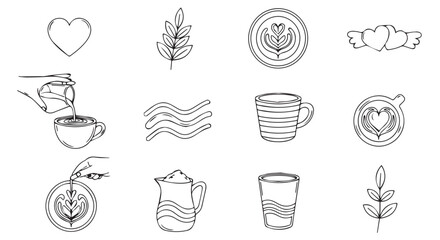 Collection of handdrawn coffee and latte art icons isolated on transparent background