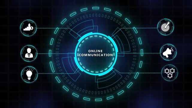 Digital online communication network concept with operator and icons showing communication. Internet, business, Technology and network concept. Digital technology 4k video animation.