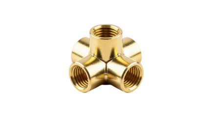 Brass cross fitting for plumbing applications isolated PNG with Transparent Background