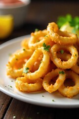 Crispy Golden Calamari Fries with Lemon & Parsley, Served with Tartar Sauce ? Perfect Appetizer or Snack