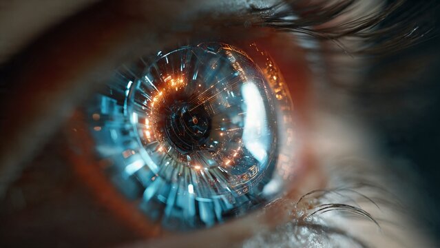 Futuristic machine eye scanning glowing hologram