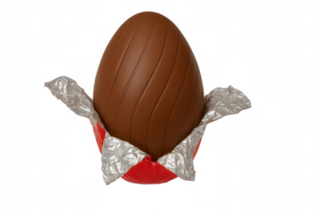 Chocolate easter egg wrapped in red and silver foil, celebrating holiday and sweet traditions